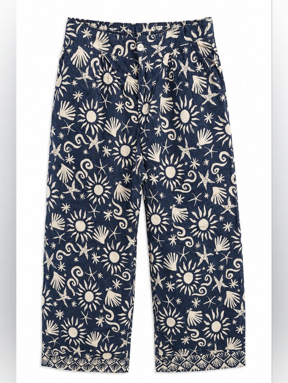 C&C California 100% Linen Wide Leg Beach Print Pants, Navy & Cream Seashell, L